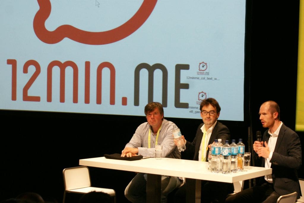 Nikolaus Förster von Impulse, Rüdiger Höfert von opusVR und Comedian Frank Eilers bei einer Kompaktversion von 12min.me