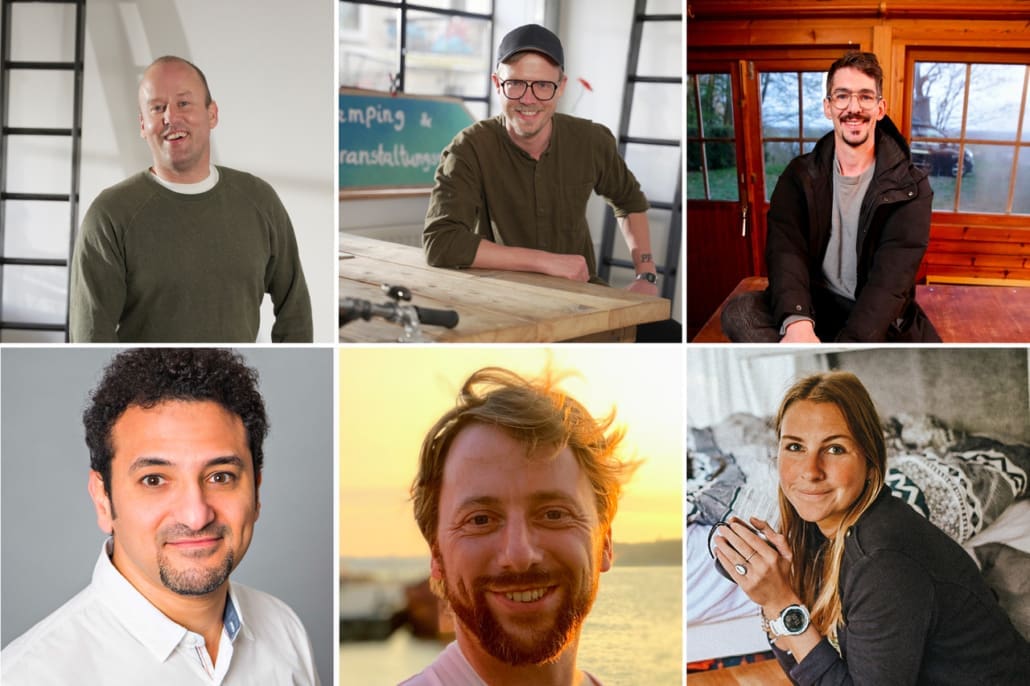 Sie gehören zum Team von Pop-Up Camps: Jobst von Paepcke (CEO und Kooperationen), Gratian Permien (COO und Projektmanagement),  Tobias Abt (Co-Founder) Hany Mohamed, (Development), Marek Suchowski (CTO und Produktmanagement) und Friederike Tesch (Onboarding und Sichtbarkeit) (Fozos: Pop-Up Camps)