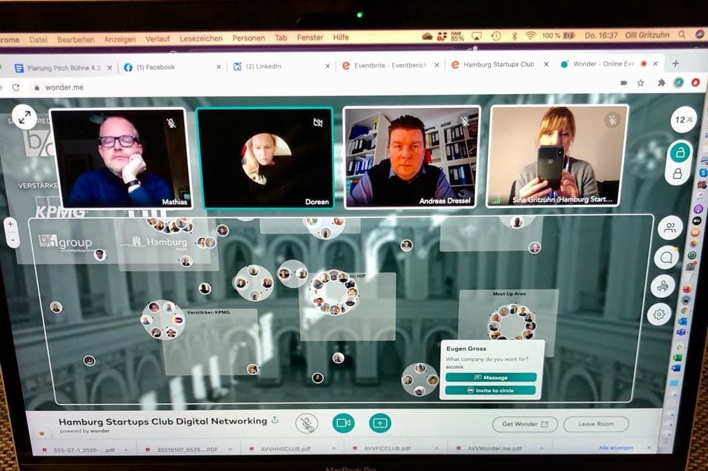 Screenshot vom virtuellen Treffen des Hamburg Startup Clubs, bei dem auch Verstärker präsent waren.