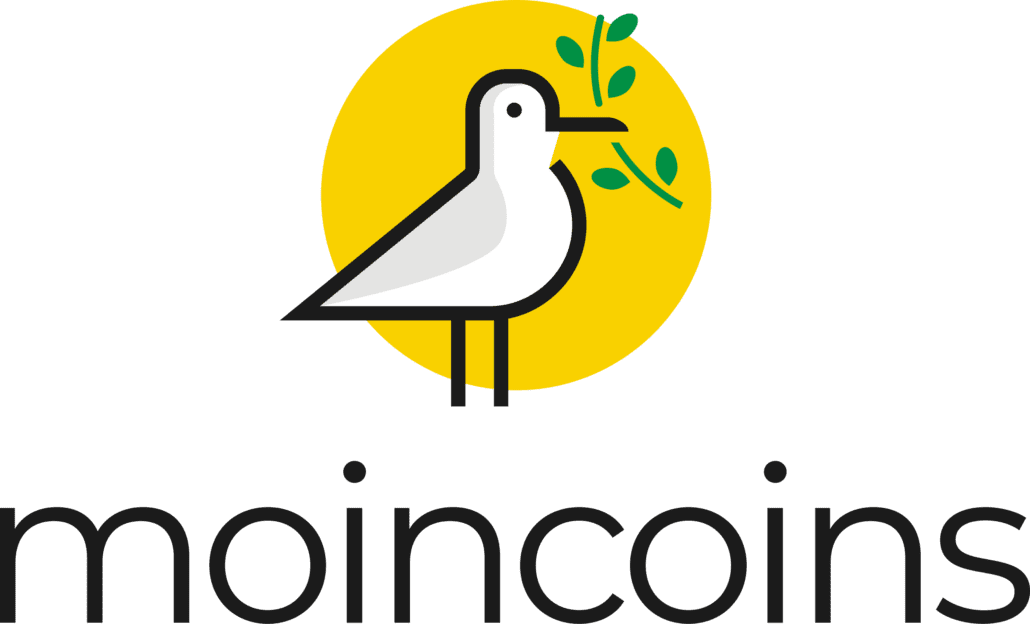 Das Logo von moincoins zeigt keine Friedenstaube, sondern eine Möwe mit einem Zweig, der Nachhaltigkeit symbolisiert.