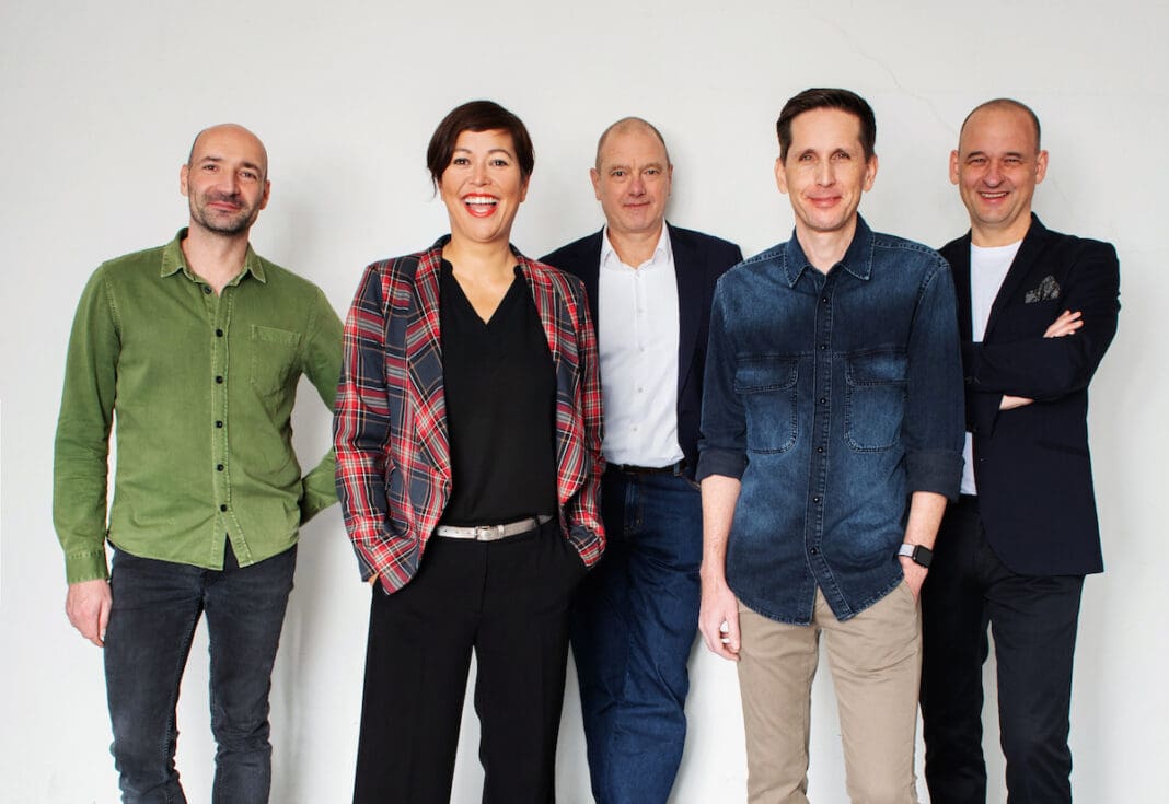 Der Vorstand von aimpower, Martin Fröhlich, Julia Saswito, Christian Scheier, Peter Krause und Dirk Held.