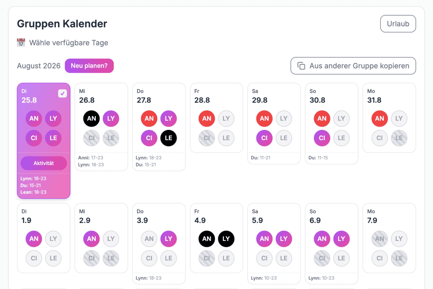 Screenshot von einem Gruppenkalender von Urban Friends